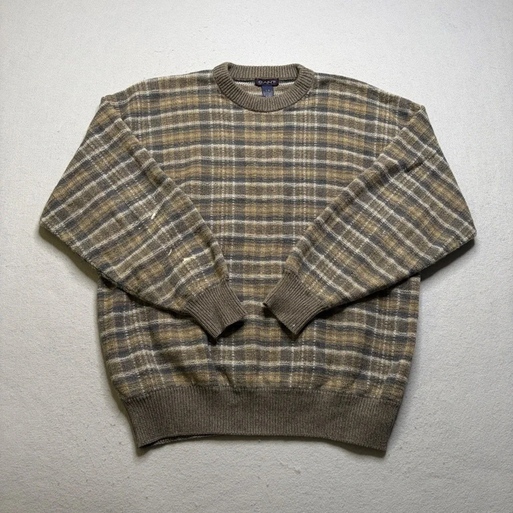 Gant Sweater Mens L Brown Plaid Vintage Cotton Knit Crew Neck‎ Long Sleeve